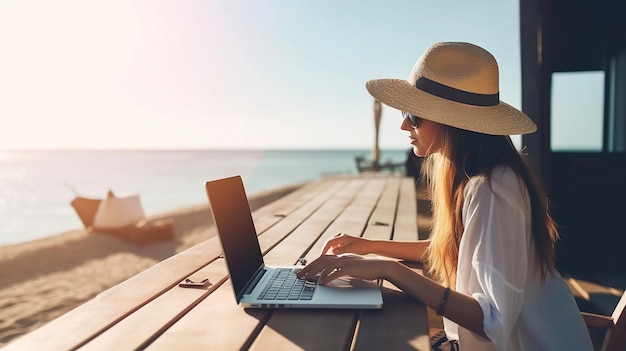 A woman working on a laptop on a beach