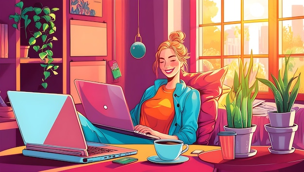 a woman working on laptop Cozy Freelancer Workspace Warmly Lit Desk Setup