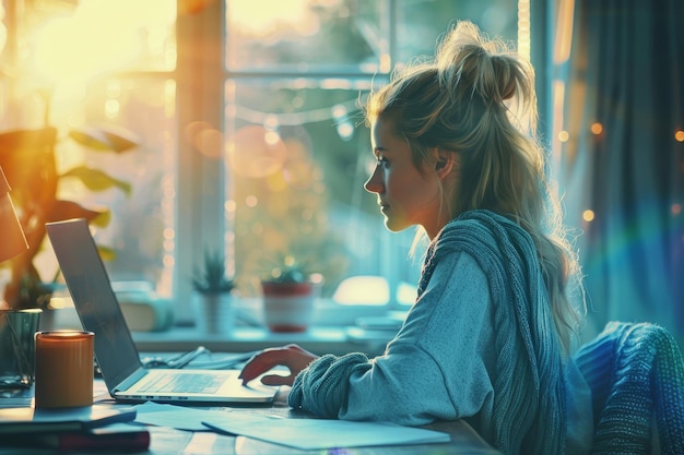 Woman Working on Laptop in a Cozy Home Office