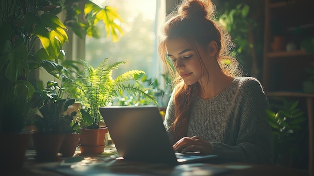 Photo woman working on laptop in a cozy room