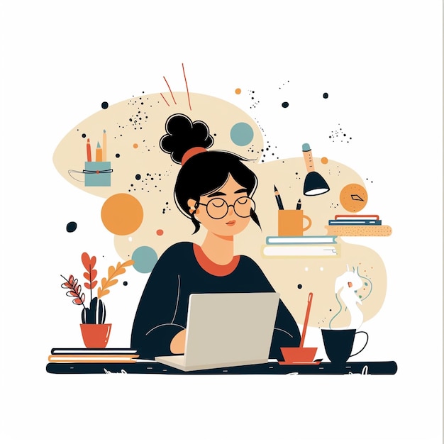 A woman working on laptop in cozy workspace surrounded by plants stationery and creative elements illustration captures productive and inspiring atmosphere