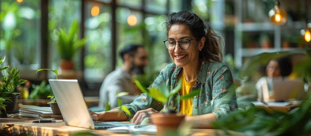 Woman Working on a Laptop in a Green Cafe