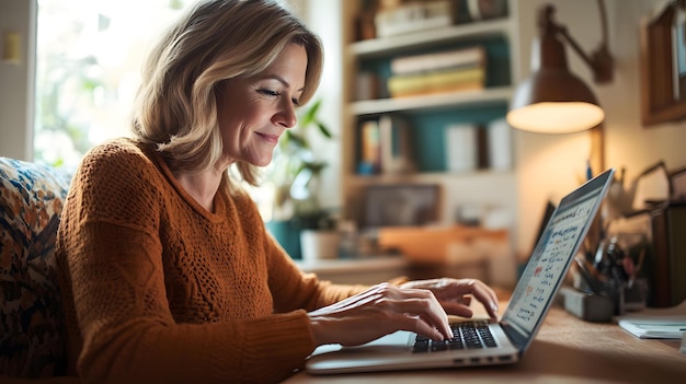 Photo woman working on laptop at home