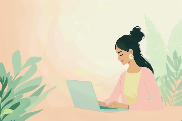 Woman Working on Laptop Modern Minimalist Vector Illustration