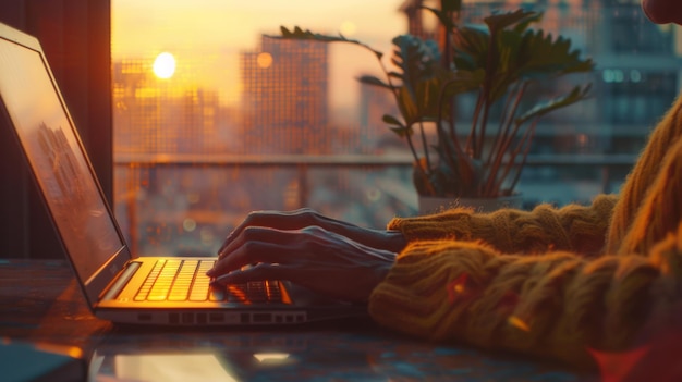 Photo woman working on laptop at sunset