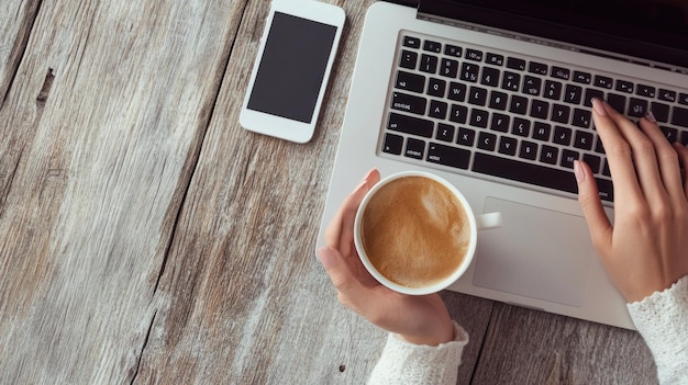 Photo woman working on laptop with coffee