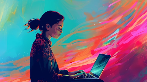 Photo woman working on laptop with colorful abstract background