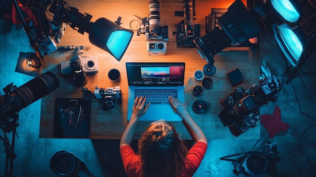 a woman working on a laptop with a screen showing a screen with a video camera and a video camera in the background