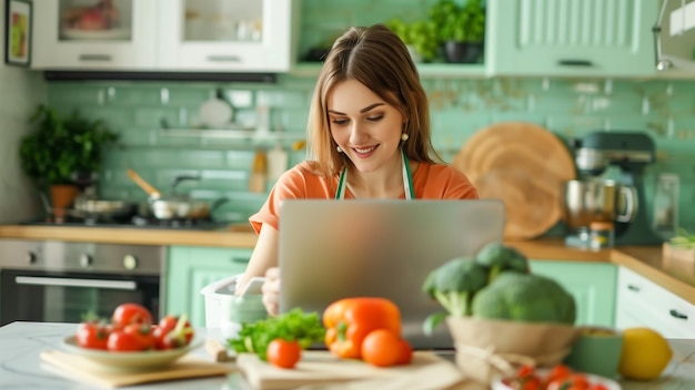 a woman working on a laptop with vegetables on the table