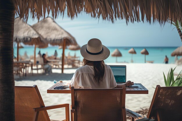 Woman working on laptops at beach