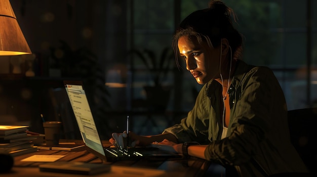 Woman Working Late at Desk with Laptop