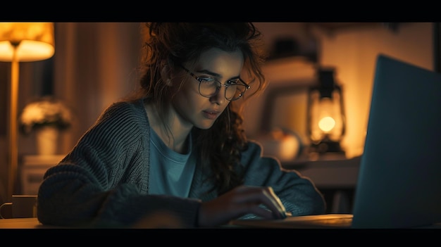 Woman Working Late at Desk with Laptop