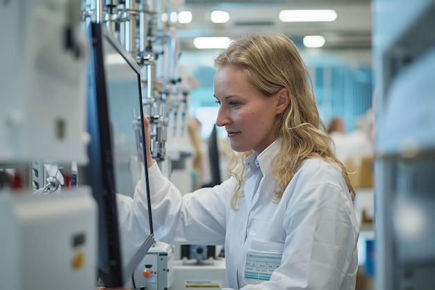 a woman working on a machine that has the name tag on it