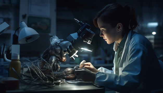 A woman working on a microscope in a dark room