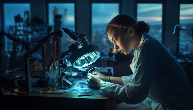 A woman working on a microscope in a dark room