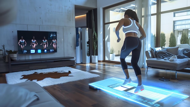 Photo woman working out on a futuristic home fitness machine