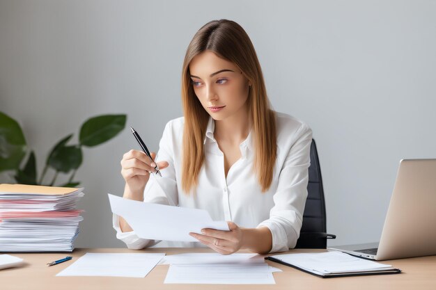 Woman working on paperwork work overload or exam preparation concept