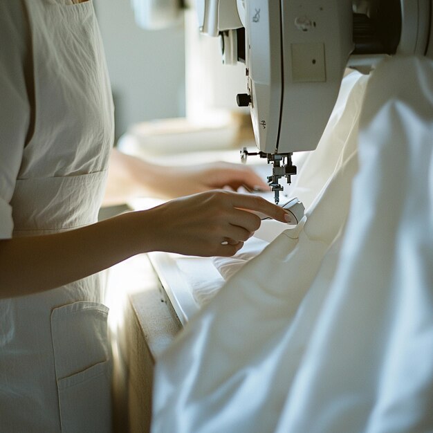 Photo a woman working on a sewing machine with a white cloth on it