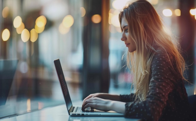 Woman working using laptop online checking email and planning internet while sitting in office al