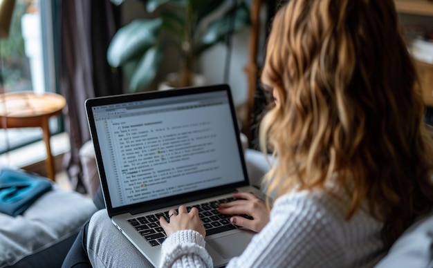 Woman working using laptop online checking email and planning internet while sitting in office al