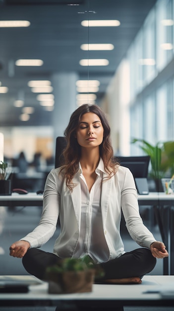 Woman working with digital devices in a coworking space with topside copyspace filled with ambient