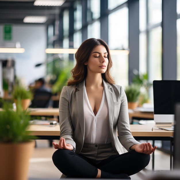 Woman working with digital devices in a coworking space with topside copyspace filled with ambient