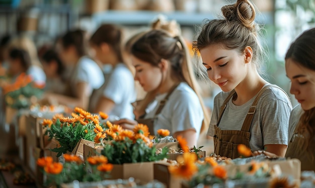 a woman working with flowers in a greenhouse