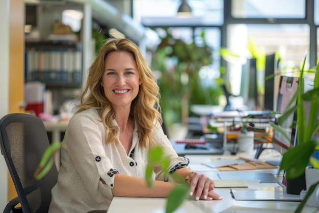 A woman working within tech midage happy in a cool office wide angle clean office space ar 32 style