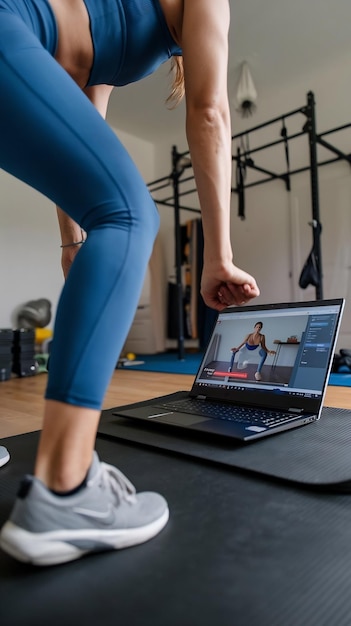 Photo woman workout watching trainer on laptop via online video tutorial while virtual training at home