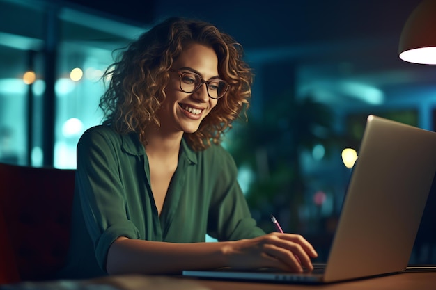 A woman works on a laptop in a dark room