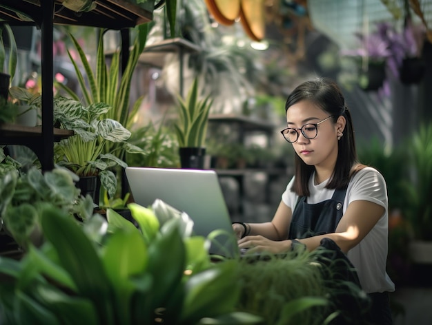 A woman works on a laptop in a greenhouse Generative AI