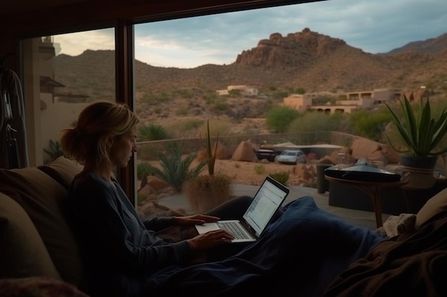 Photo woman works on laptop at house in mountains