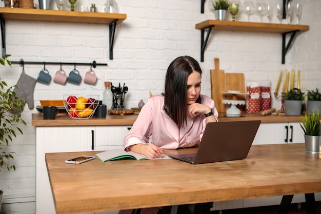 A woman works in the office remotely from home in the kitchen, sitting at the computer. Distance learning online education and work. Girl student prepares for exams.