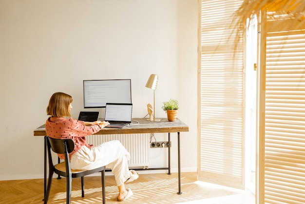 Woman works online on computers at home