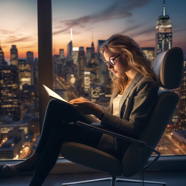 A woman works with a tablet in a modern office