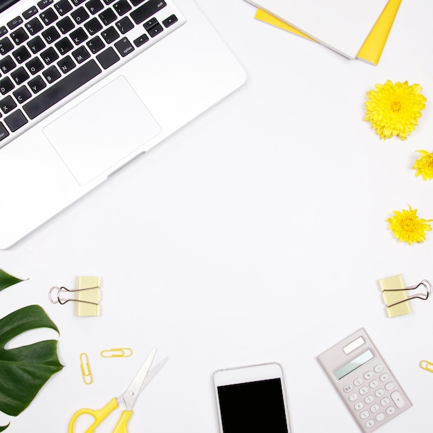 Woman workspace on white background. 