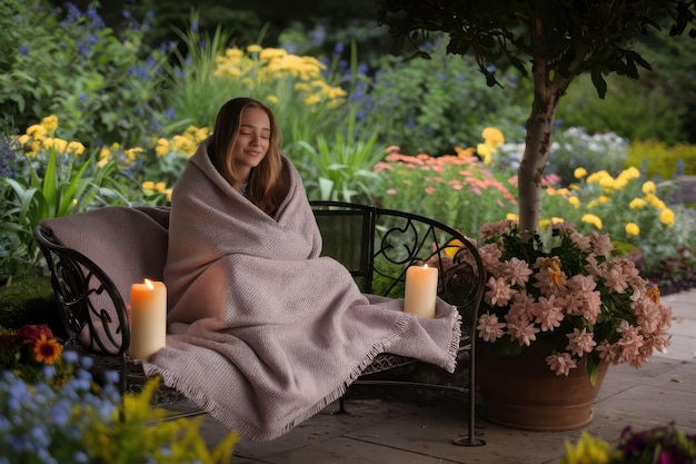 a woman wrapped in a blanket sits in front of a candle