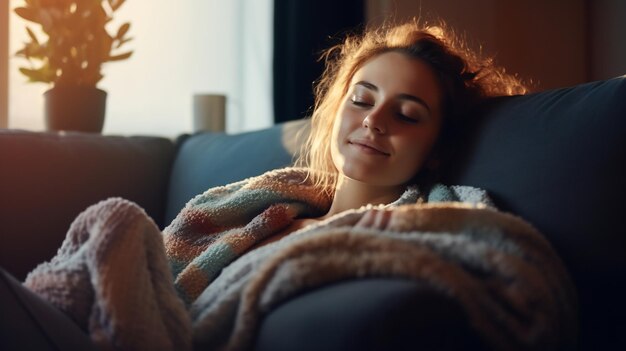 Photo woman wrapped in warm blanked and sleeping on the couch at home