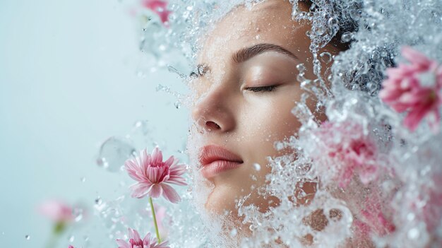 Photo woman wrapped in water droplets and flowers on light background