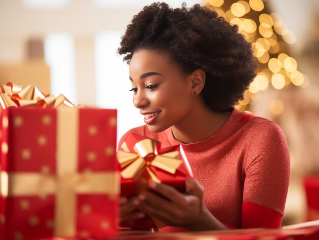 Woman wrapping presents with holiday themed wrapping paper