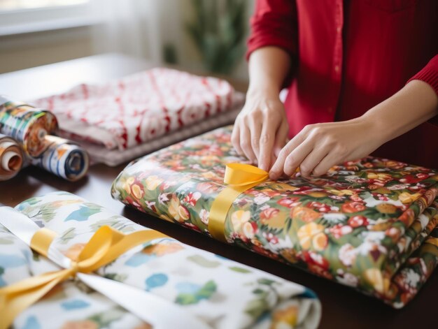 Woman wrapping presents with holiday themed wrapping paper