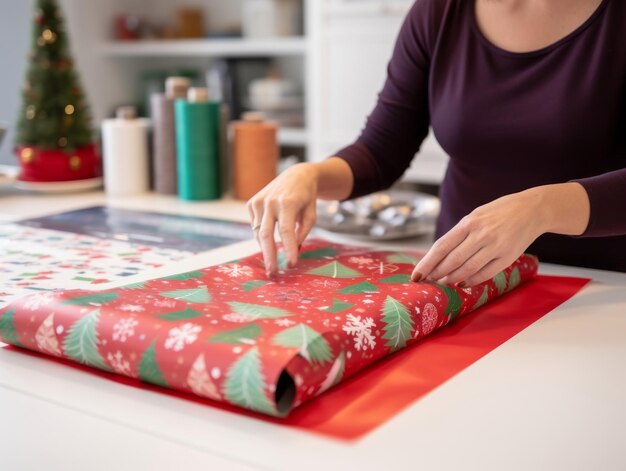 Photo woman wrapping presents with holiday themed wrapping paper