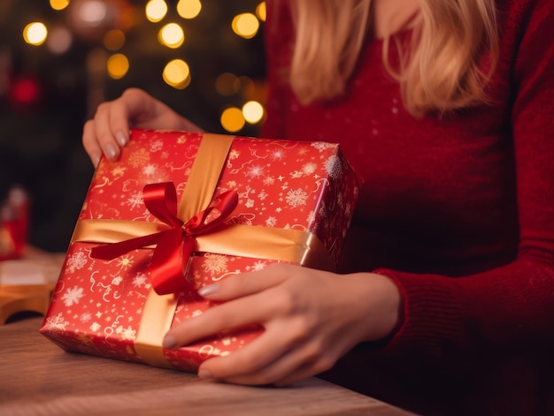 Woman wrapping presents with holiday themed wrapping paper