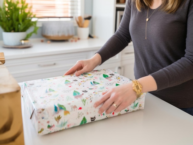 Photo woman wrapping presents with holiday themed wrapping paper