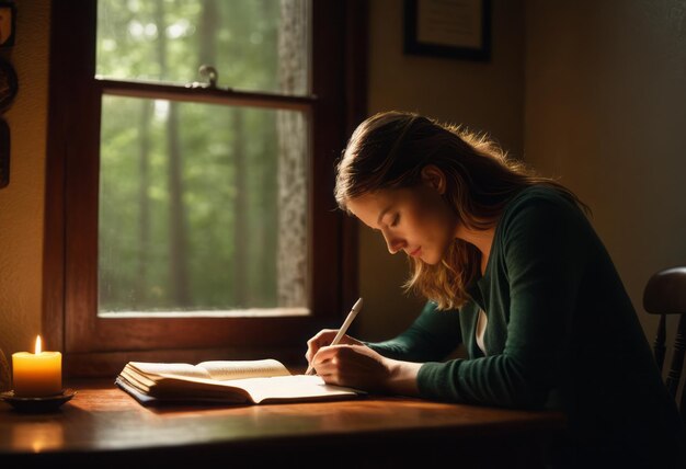 A woman writes in a notebook by window light