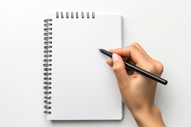 Woman writing on blank notebook with pen over white background