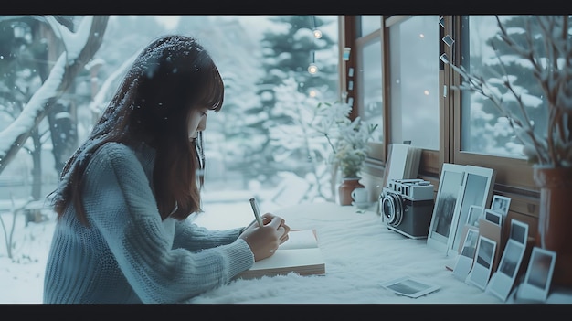 Woman Writing in a Cozy Cabin During a Snowy Day