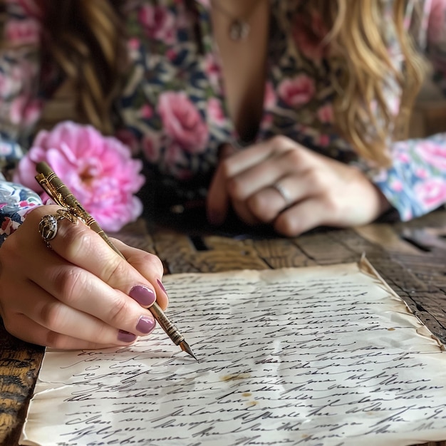 a woman writing in a foreign language with a pen in her hand