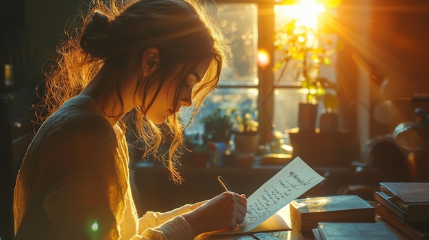 Woman Writing in Journal by Window with Sunbeams