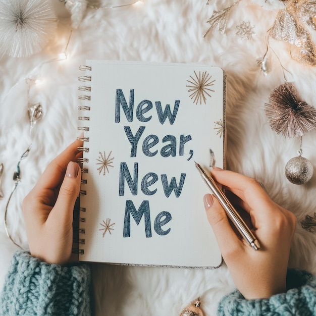 Photo woman writing new year new me in a notebook with a pen